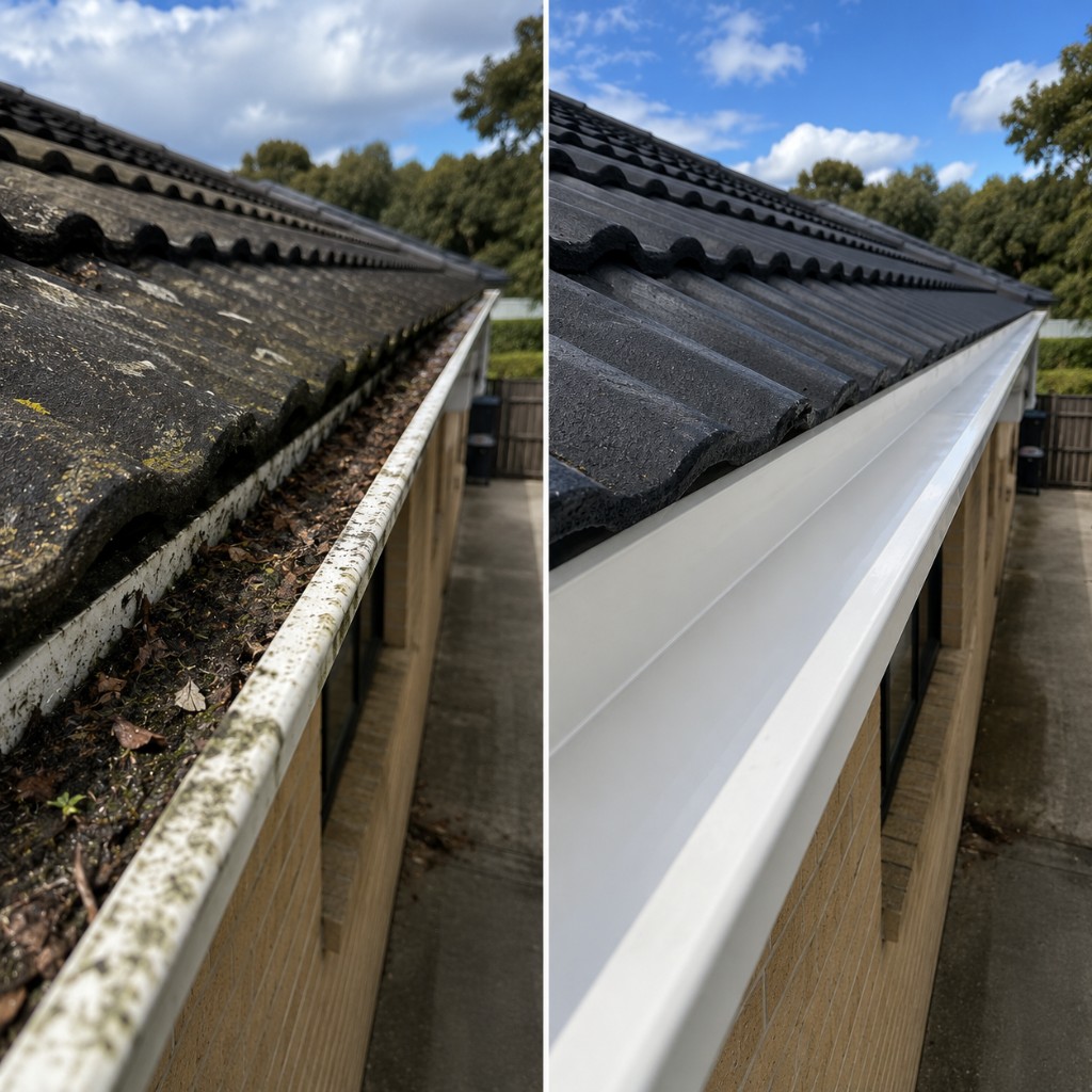 Before and after gutter cleaning showing blocked dirty gutters transformed to clean bright gutters