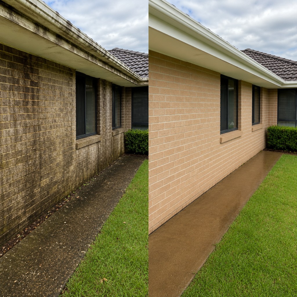 Before and after house washing showing dirty exterior walls transformed to clean walls