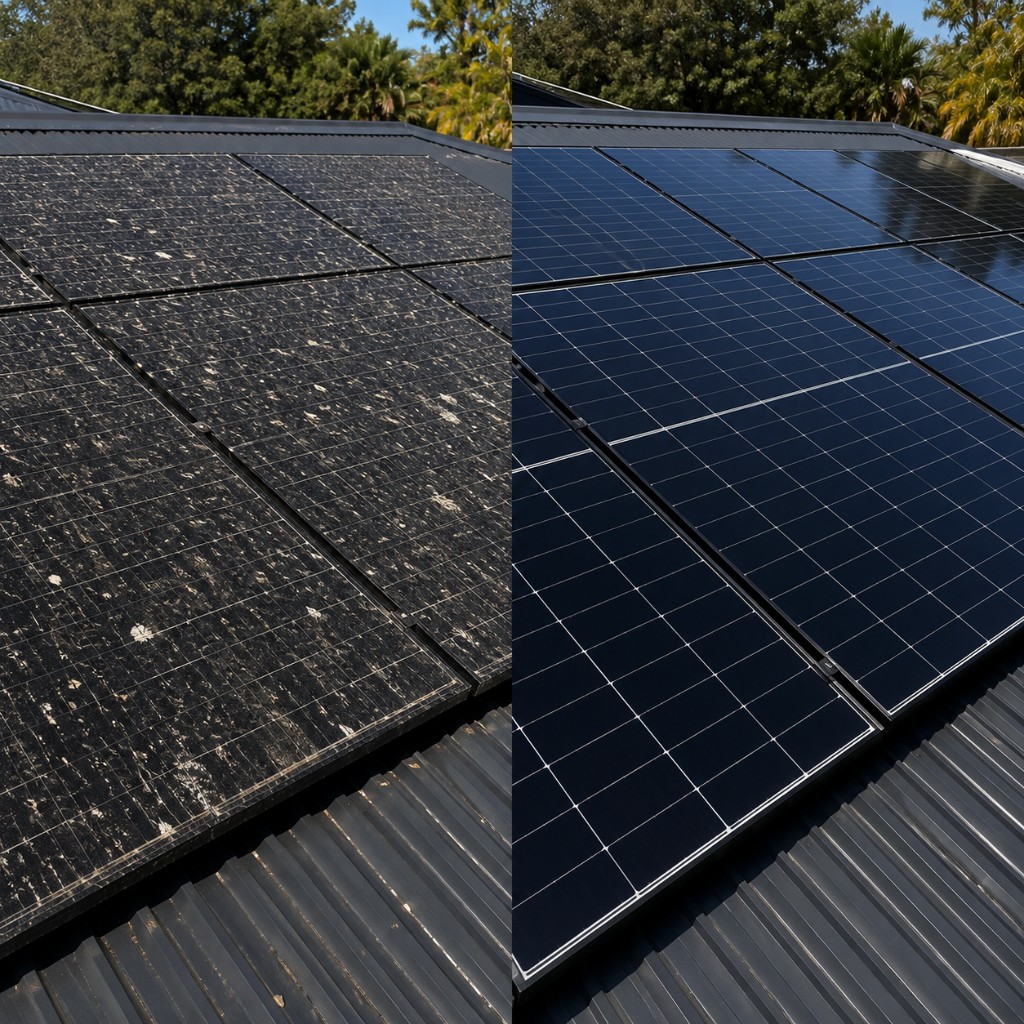 Before and after solar panel cleaning showing dusty panels restored to a clean finish