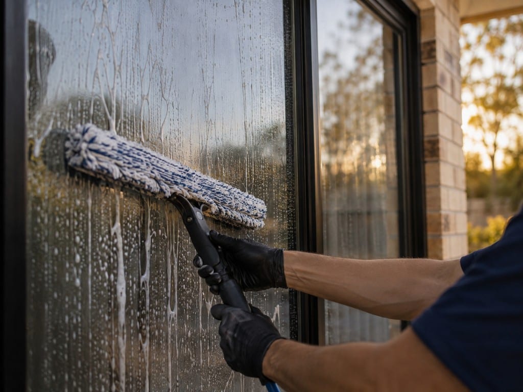Scrubbing soapy water onto window glass